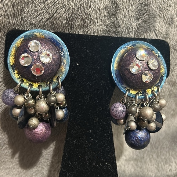 Vintage IKARAMI Denim Hues & Crystals Earrings-Boutique - Picture 4 of 8